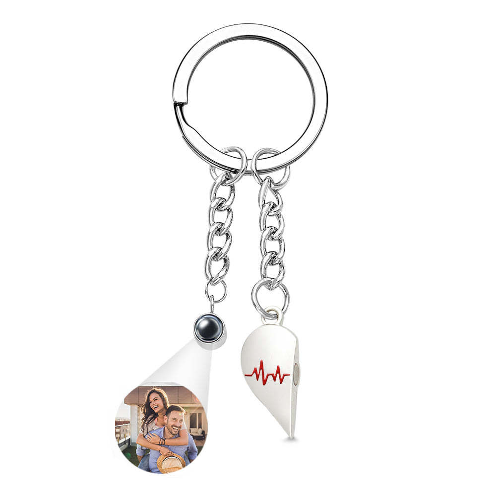 Custom Photo Heart Keychains Couple Projection Photo Magnetic Heartbeat Keyrings