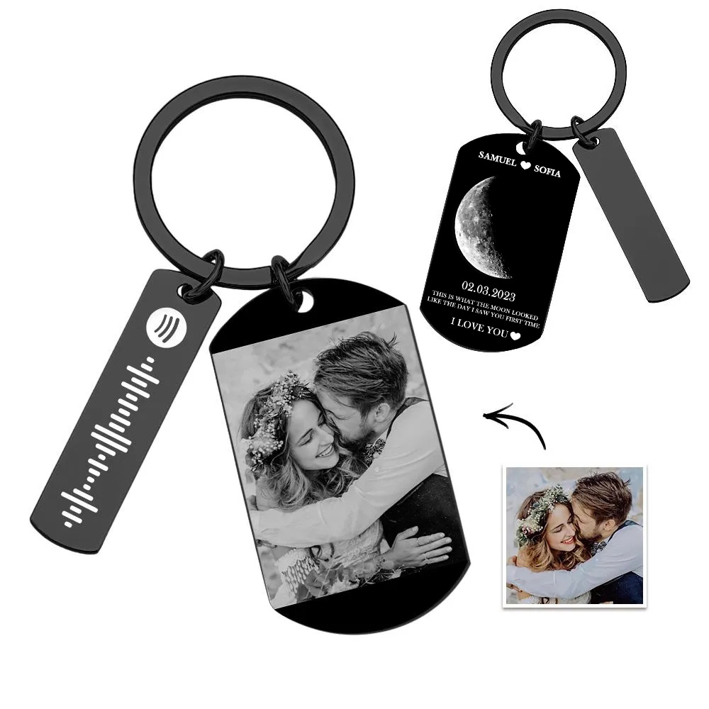 Custom Moon Phase Tag Keychain Personalized Spotify Custom Picture & Music Song Code Couples Photo Keyring Valentine's Day Gift - soufeelau
