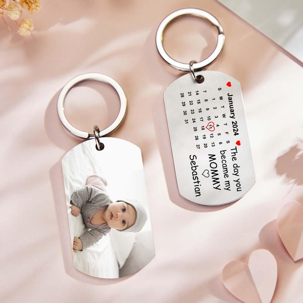Custom Photo The Day You Became My Mommy Calendar Keychain Gift for Mother Personalized Aluminum Keyring - soufeelau