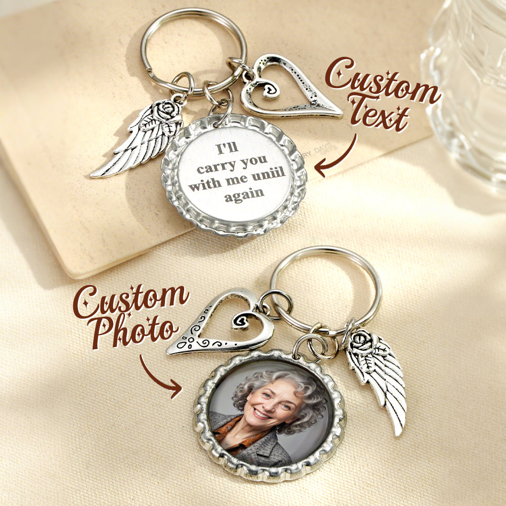 Personalized Photo Keychain with Text Heart Wing Keychain Memorial Gift - soufeelau