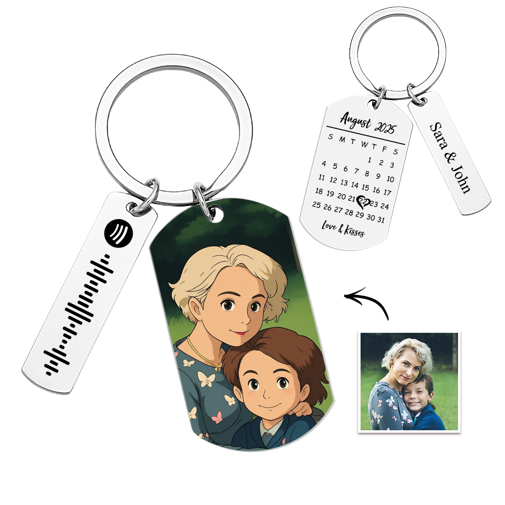 Personalized Spotify Calendar Keychain Gibli Style Custom Picture & Music Song Code Couples Photo Keyring Best Gifts - soufeelau