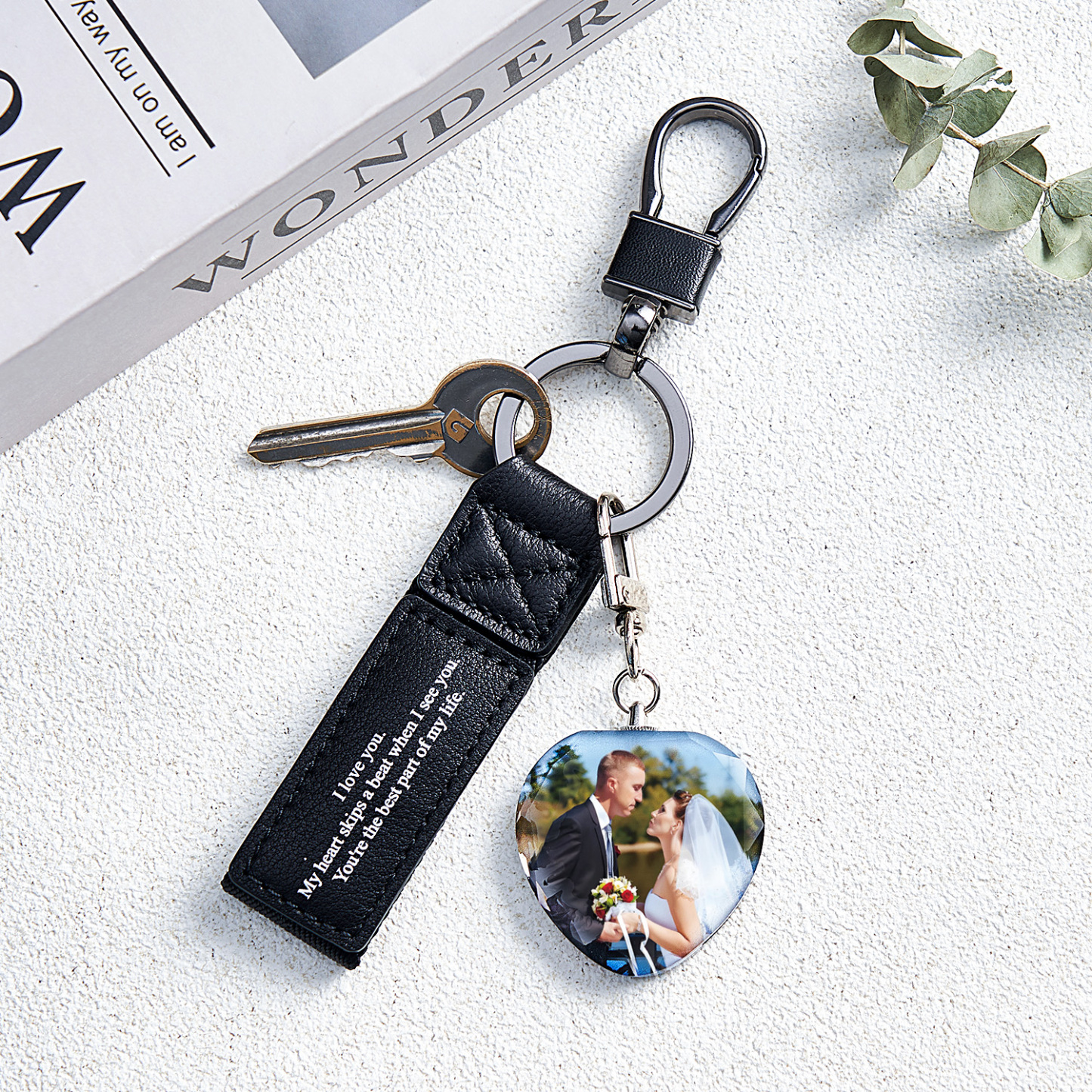 Custom Double Sided Photo Crystal Keychain Engraved Leather Keychain Gifts For Her Wedding Gifts - soufeelau