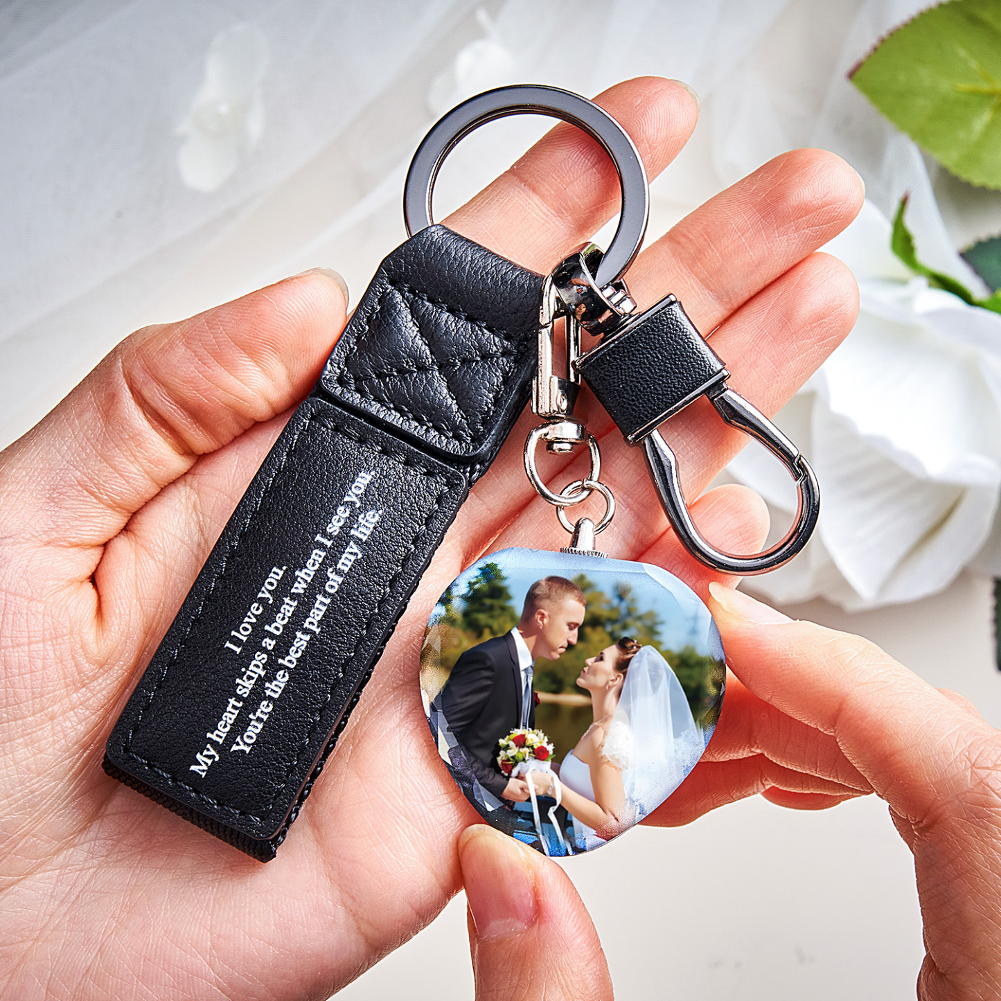 Custom Double Sided Photo Crystal Keychain Engraved Leather Keychain Gifts For Her Wedding Gifts - soufeelau