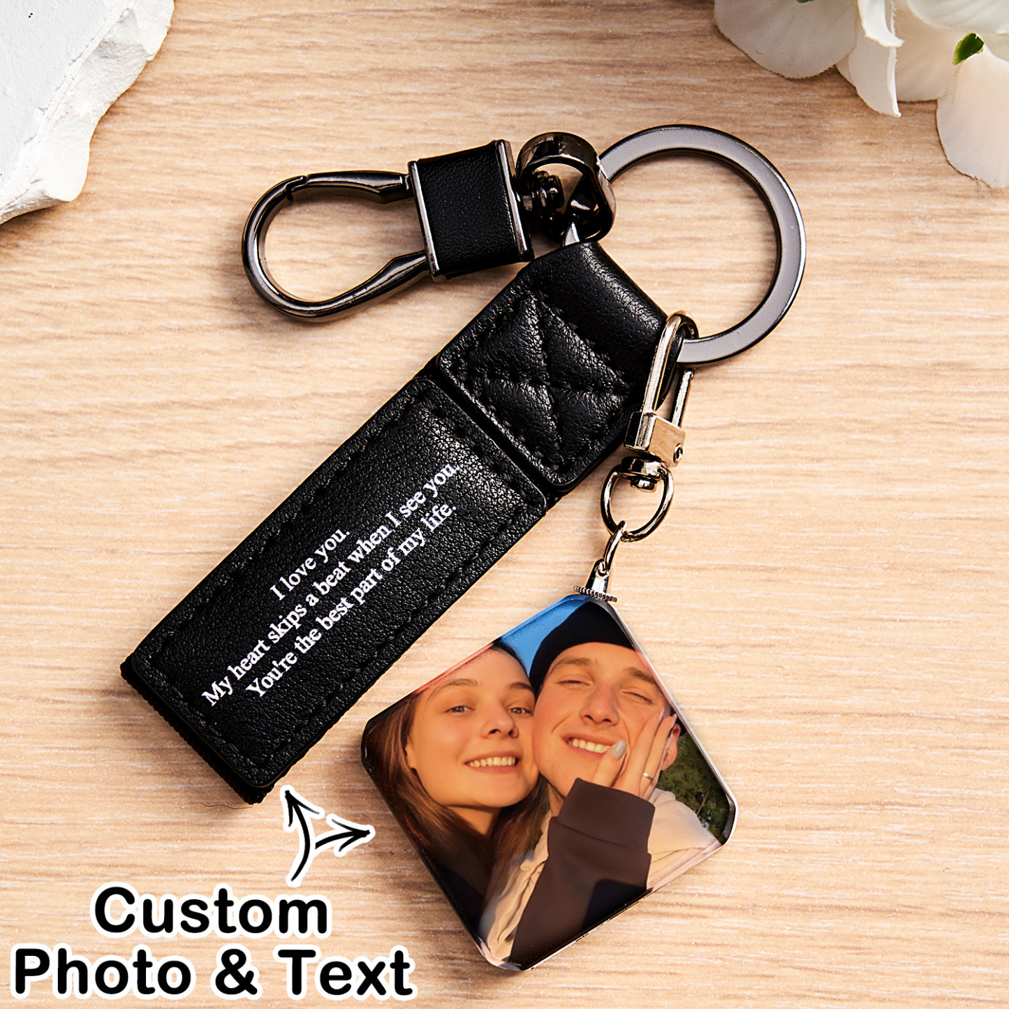 Custom Double Sided Photo Crystal Keychain Engraved Leather Keychain Gifts For Her Wedding Gifts - soufeelau