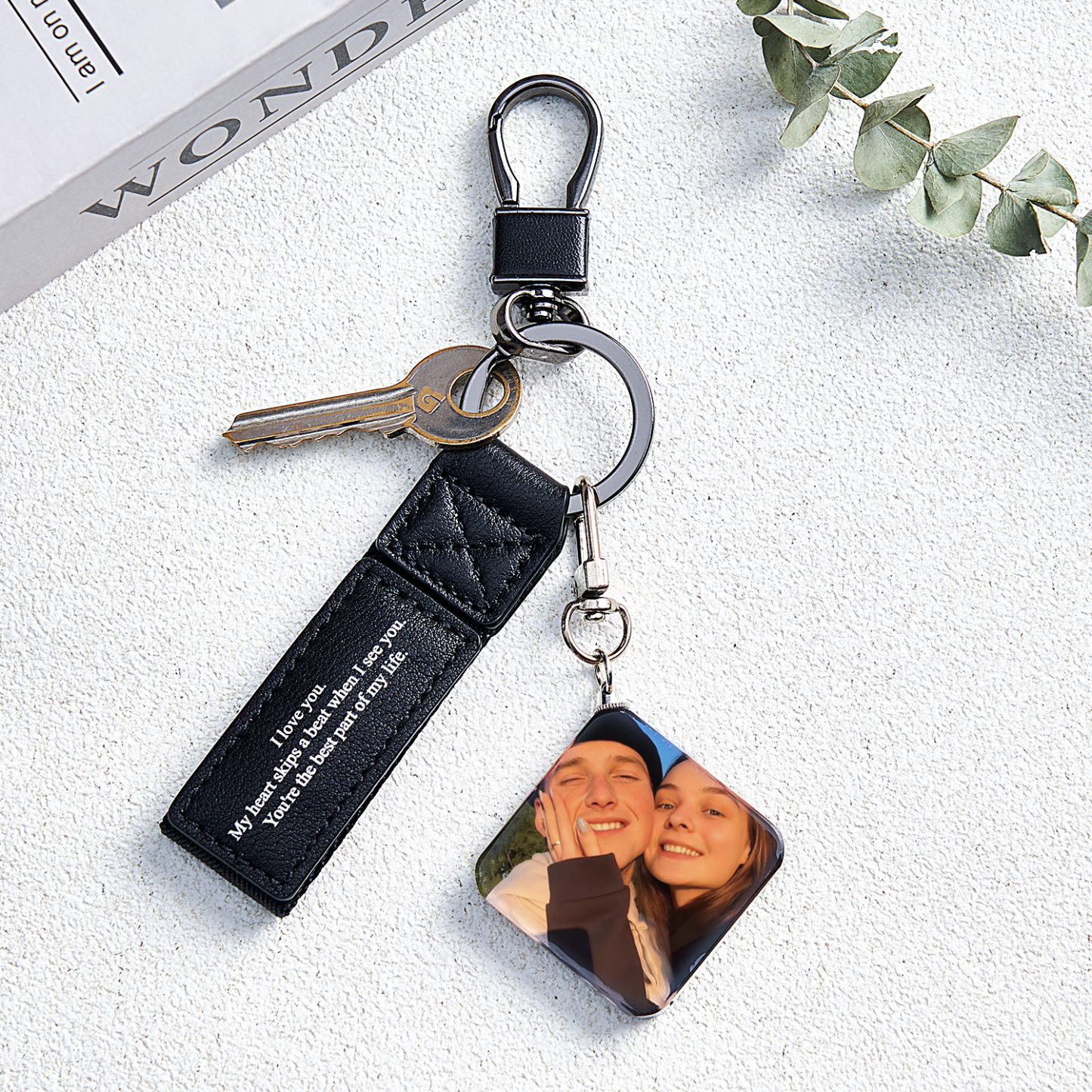 Custom Double Sided Photo Crystal Keychain Engraved Leather Keychain Gifts For Her Wedding Gifts - soufeelau
