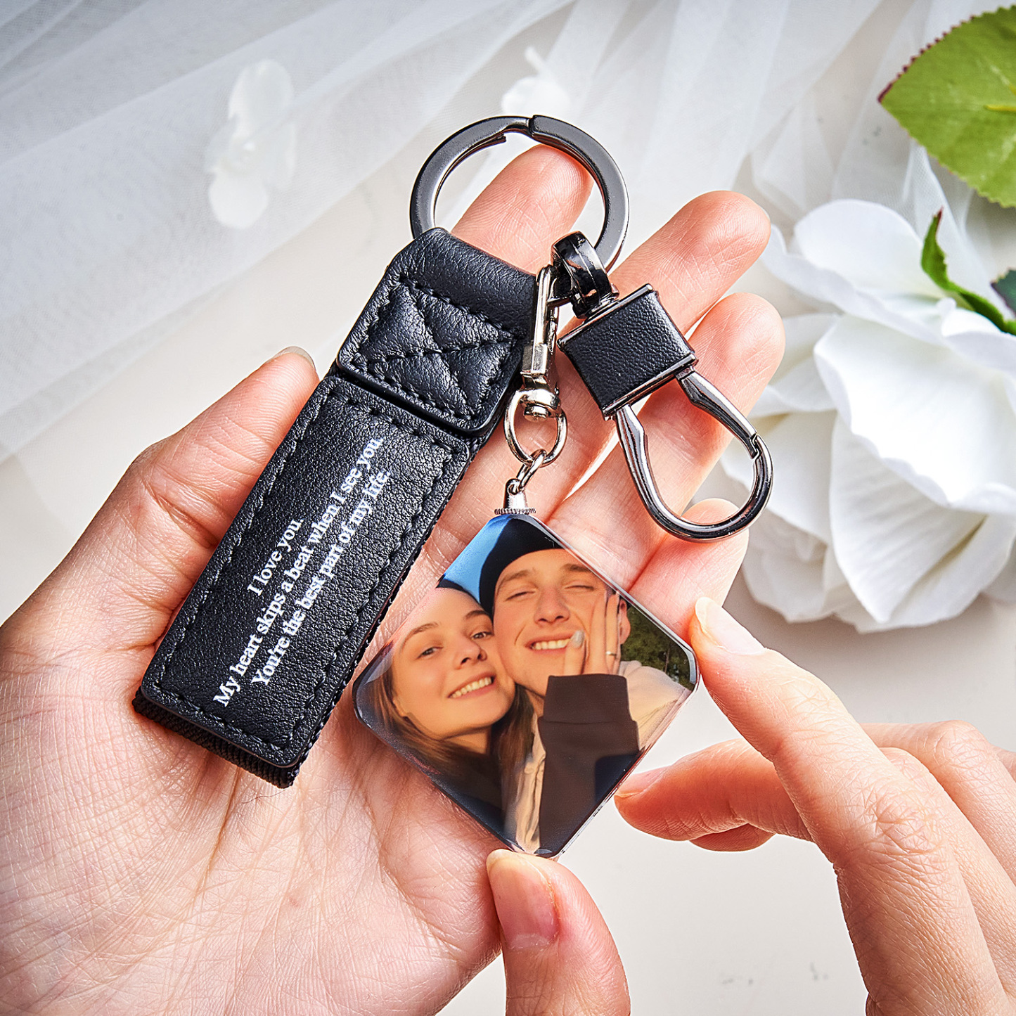 Custom Double Sided Photo Crystal Keychain Engraved Leather Keychain Gifts For Her Wedding Gifts - soufeelau