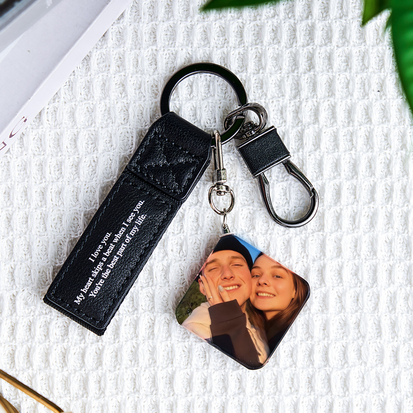 Custom Double Sided Photo Crystal Keychain Engraved Leather Keychain Gifts For Her Wedding Gifts - soufeelau