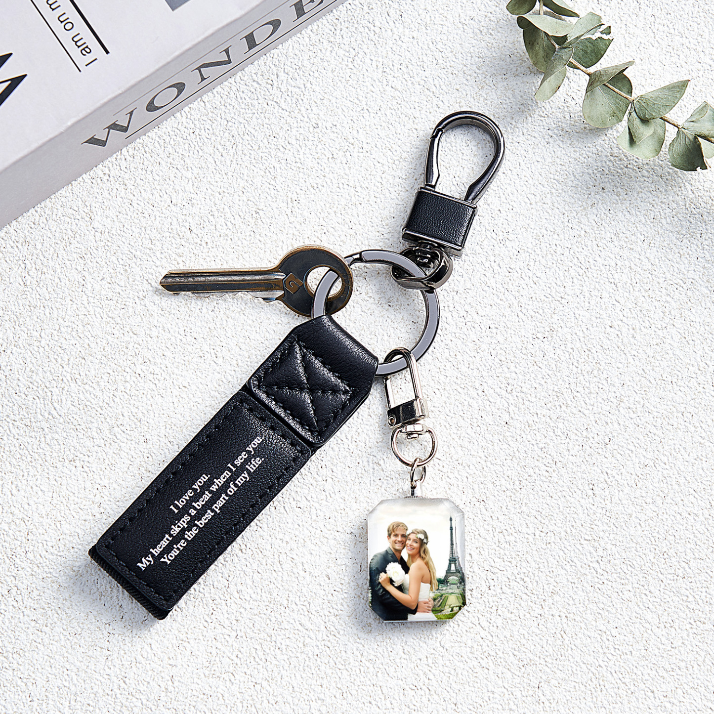 Custom Double Sided Photo Crystal Keychain Engraved Leather Keychain Gifts For Her Wedding Gifts - soufeelau