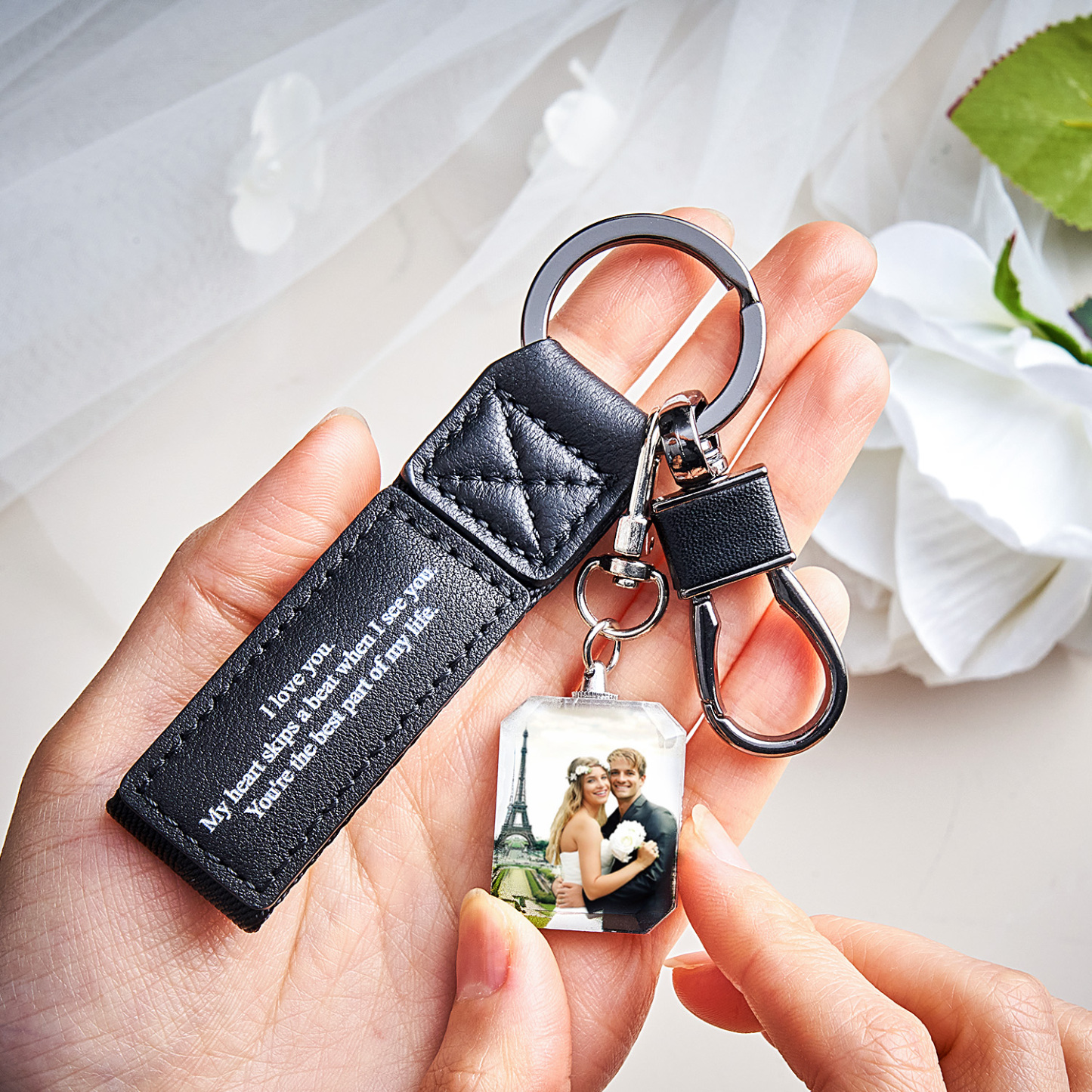 Custom Double Sided Photo Crystal Keychain Engraved Leather Keychain Gifts For Her Wedding Gifts - soufeelau