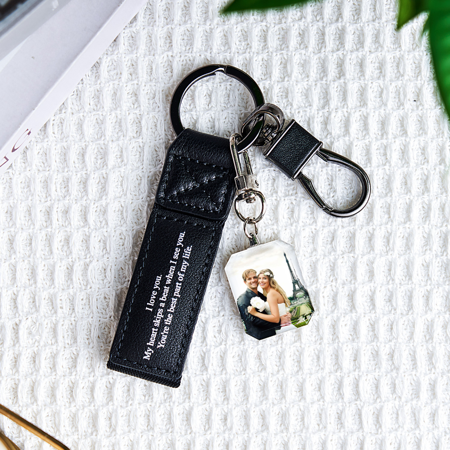 Custom Double Sided Photo Crystal Keychain Engraved Leather Keychain Gifts For Her Wedding Gifts - soufeelau