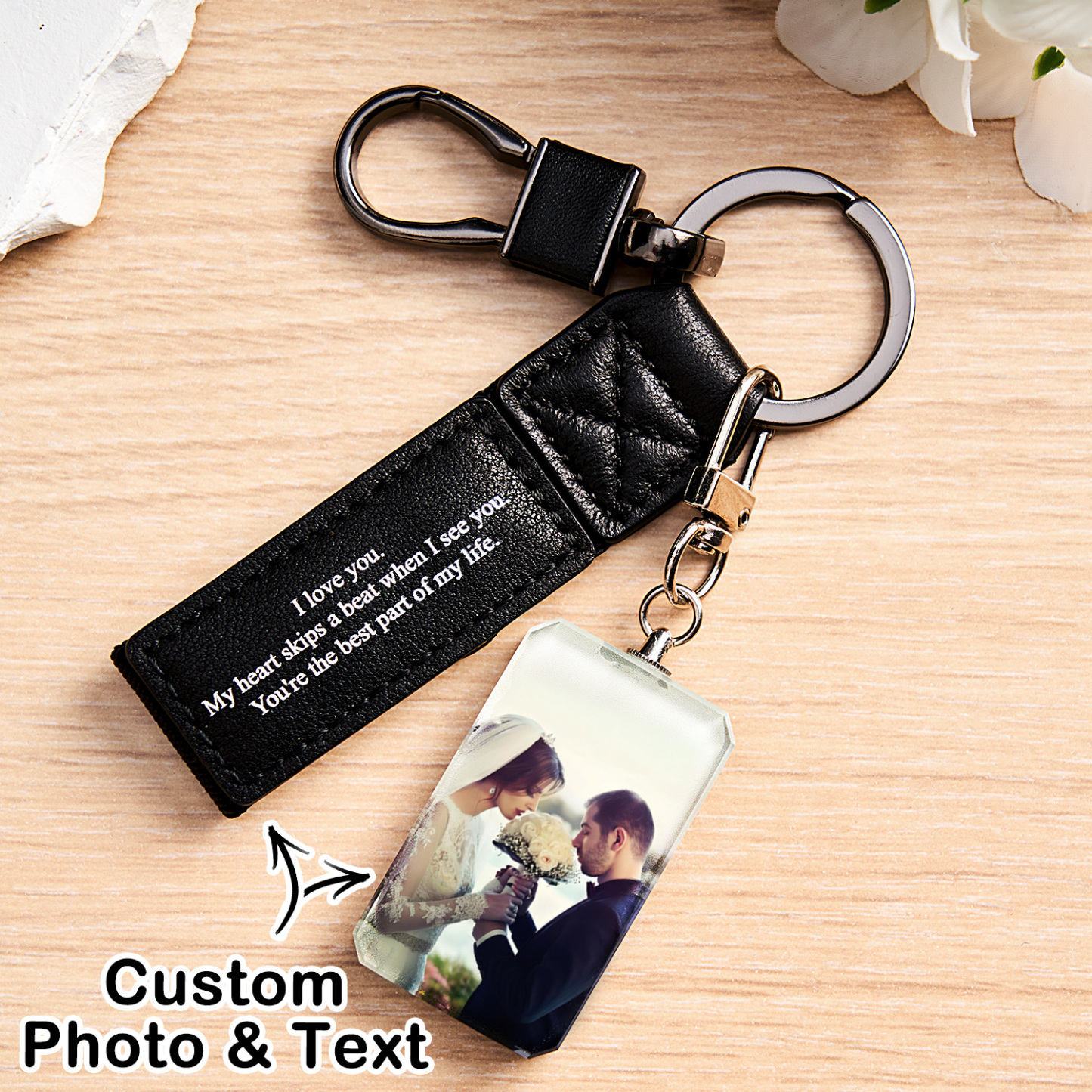 Custom Double Sided Photo Crystal Keychain Engraved Leather Keychain Gifts For Her Wedding Gifts - soufeelau