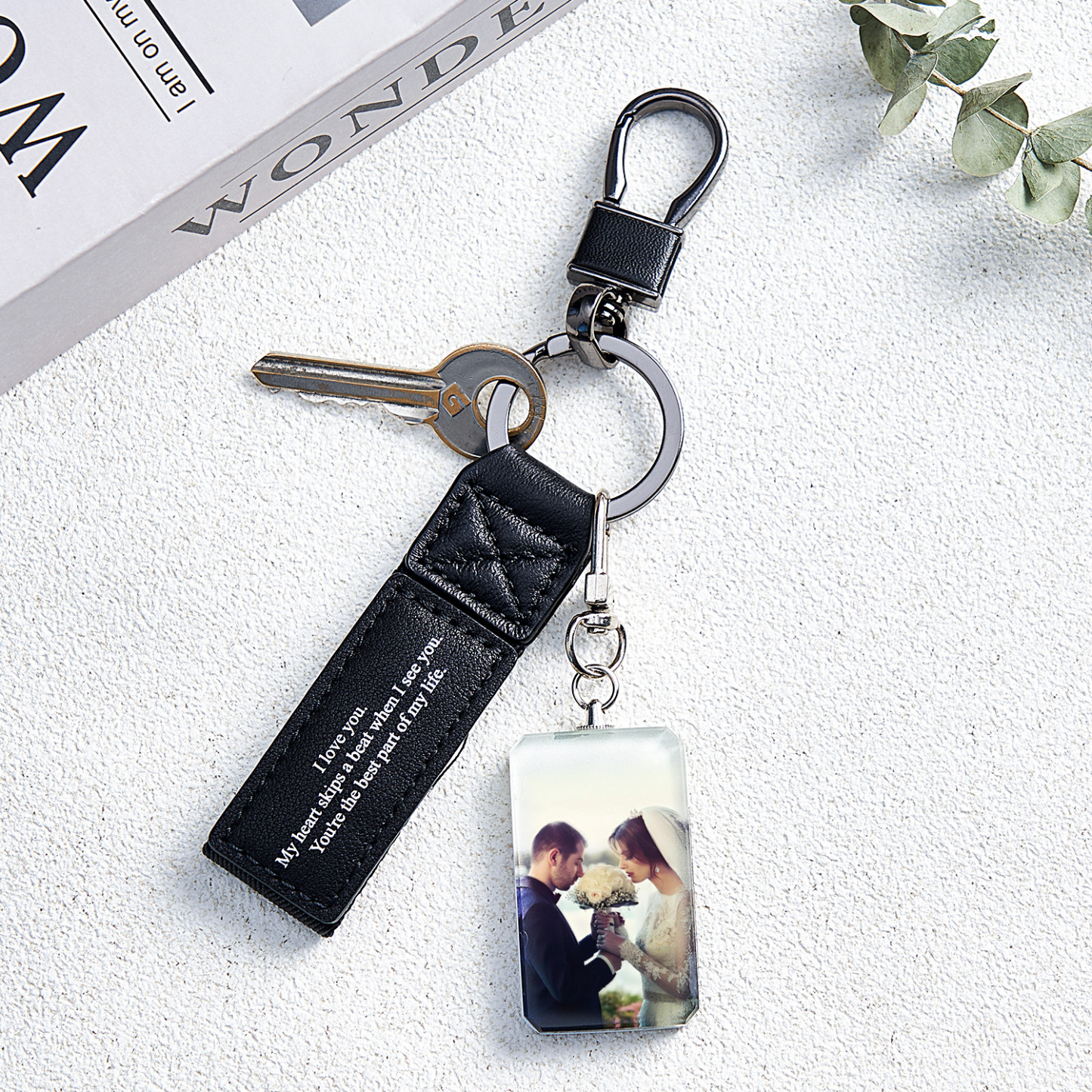 Custom Double Sided Photo Crystal Keychain Engraved Leather Keychain Gifts For Her Wedding Gifts - soufeelau