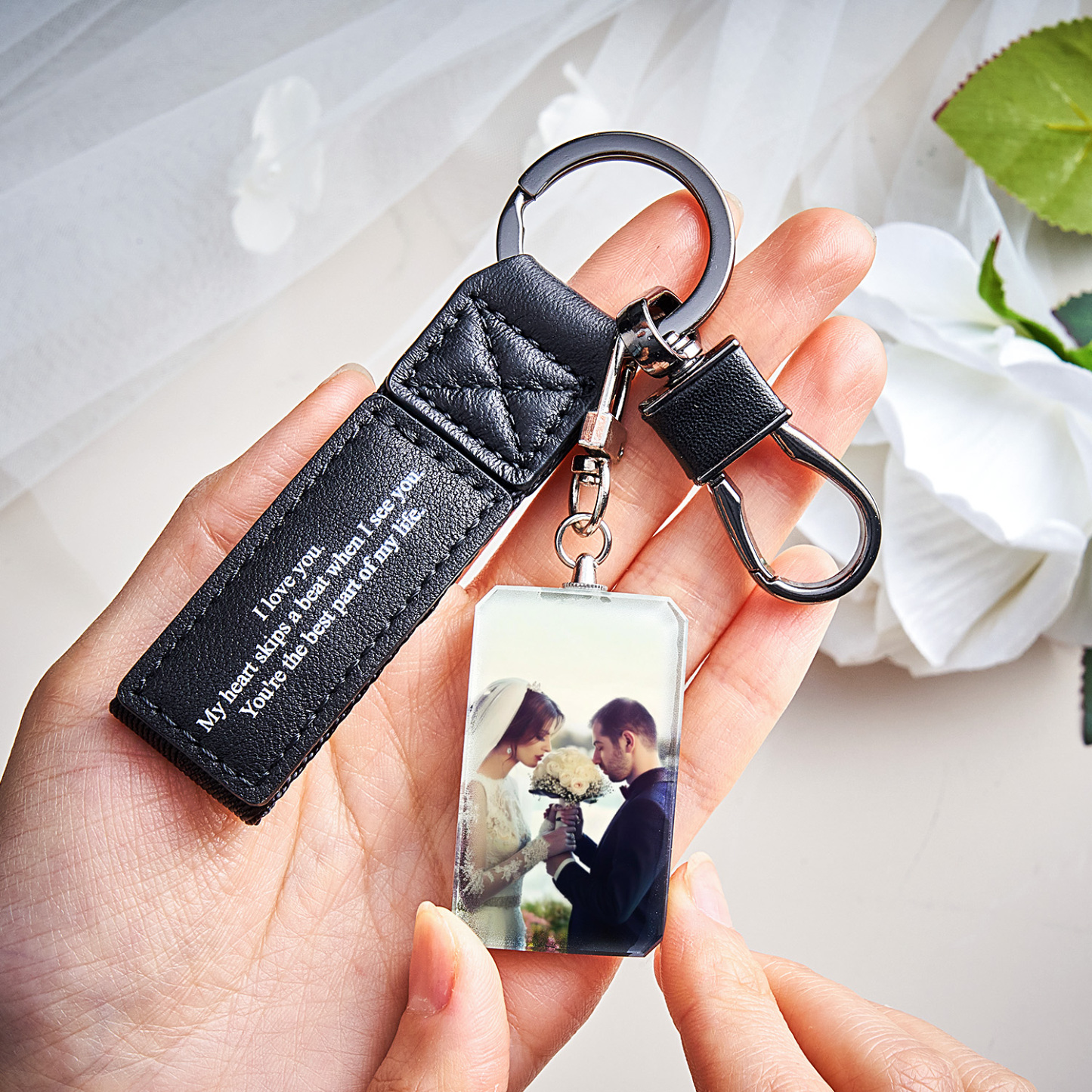 Custom Double Sided Photo Crystal Keychain Engraved Leather Keychain Gifts For Her Wedding Gifts - soufeelau