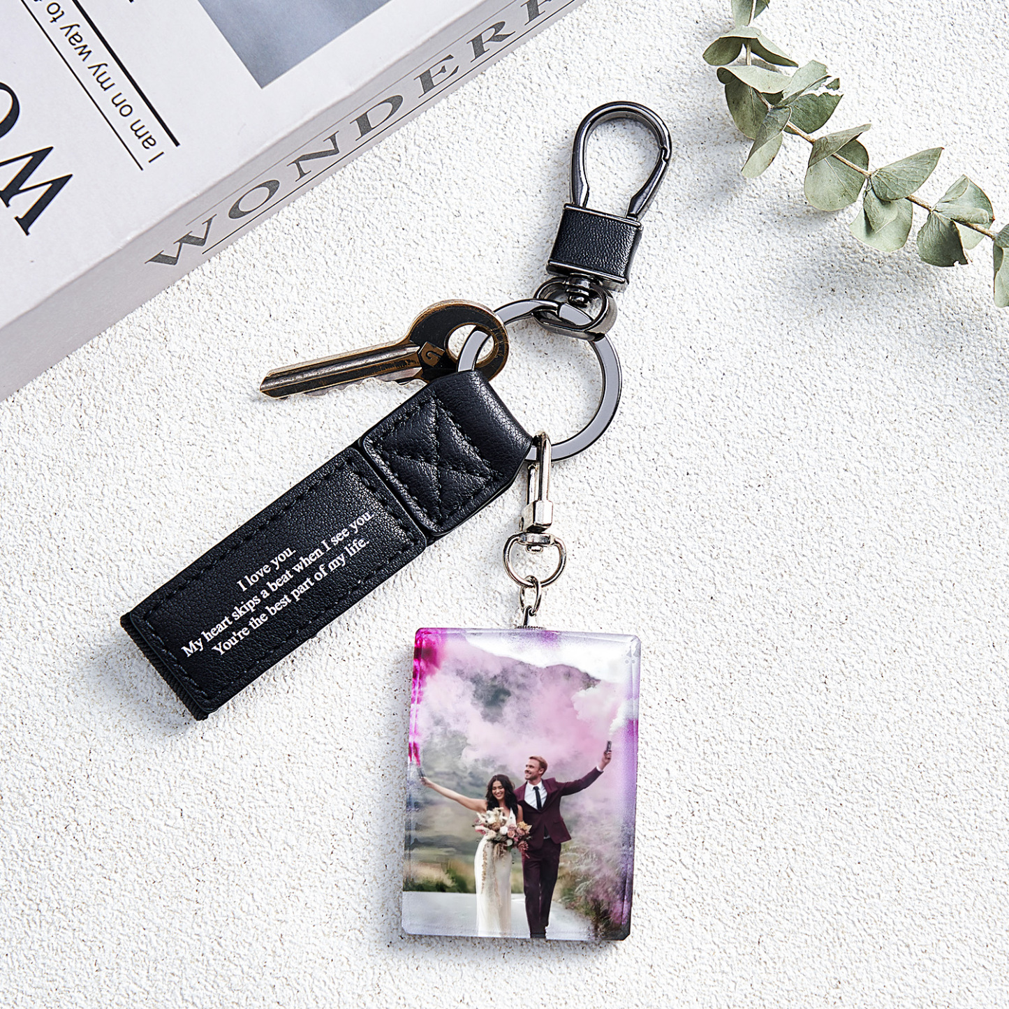 Custom Double Sided Photo Crystal Keychain Engraved Leather Keychain Gifts For Her Wedding Gifts - soufeelau