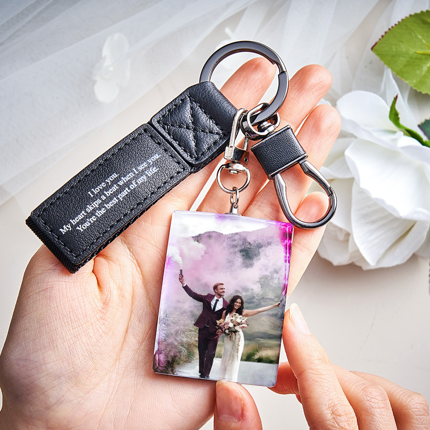 Custom Double Sided Photo Crystal Keychain Engraved Leather Keychain Gifts For Her Wedding Gifts - soufeelau