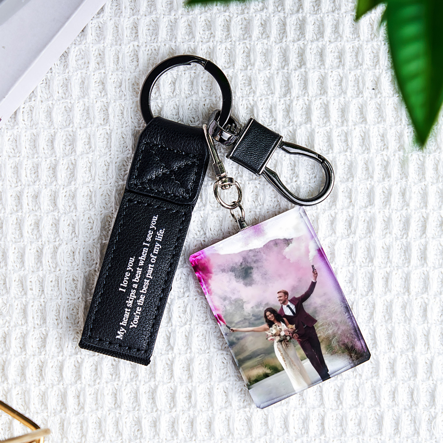 Custom Double Sided Photo Crystal Keychain Engraved Leather Keychain Gifts For Her Wedding Gifts - soufeelau