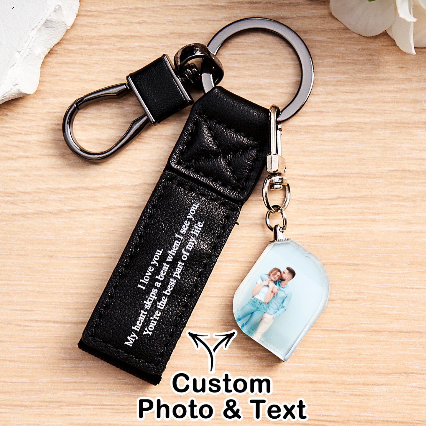 Custom Double Sided Photo Crystal Keychain Engraved Leather Keychain Gifts For Her Wedding Gifts - soufeelau