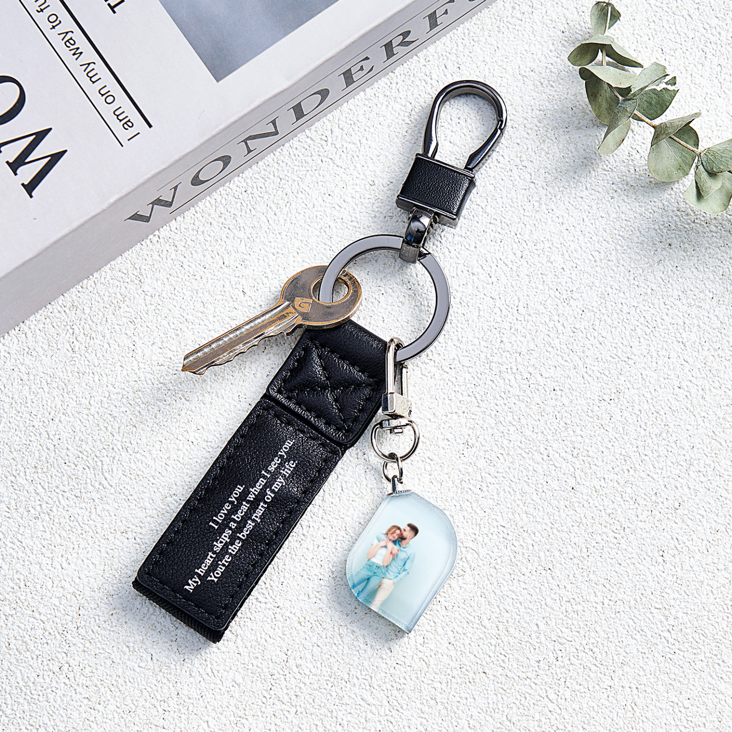 Custom Double Sided Photo Crystal Keychain Engraved Leather Keychain Gifts For Her Wedding Gifts - soufeelau
