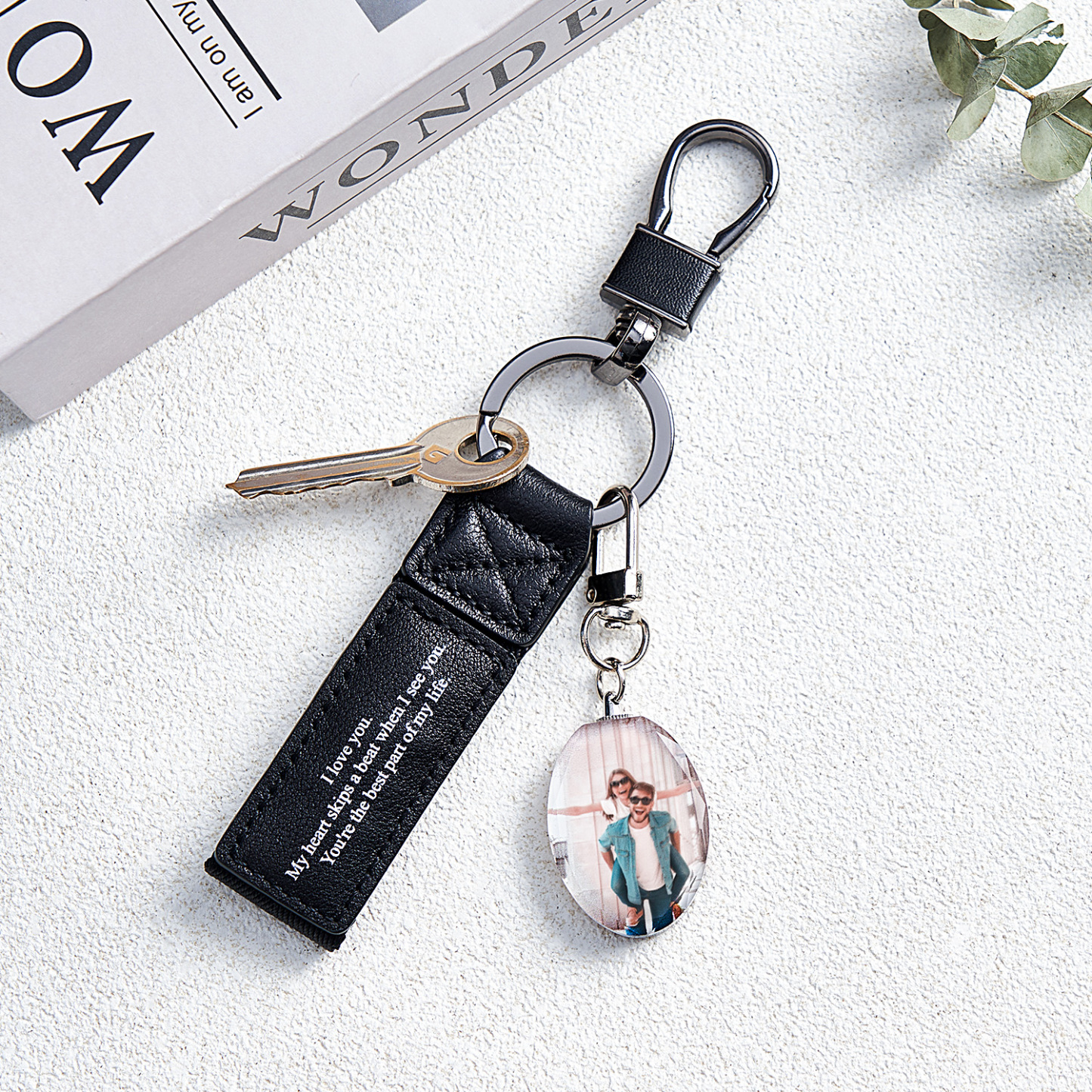 Custom Double Sided Photo Crystal Keychain Engraved Leather Keychain Gifts For Her Wedding Gifts - soufeelau