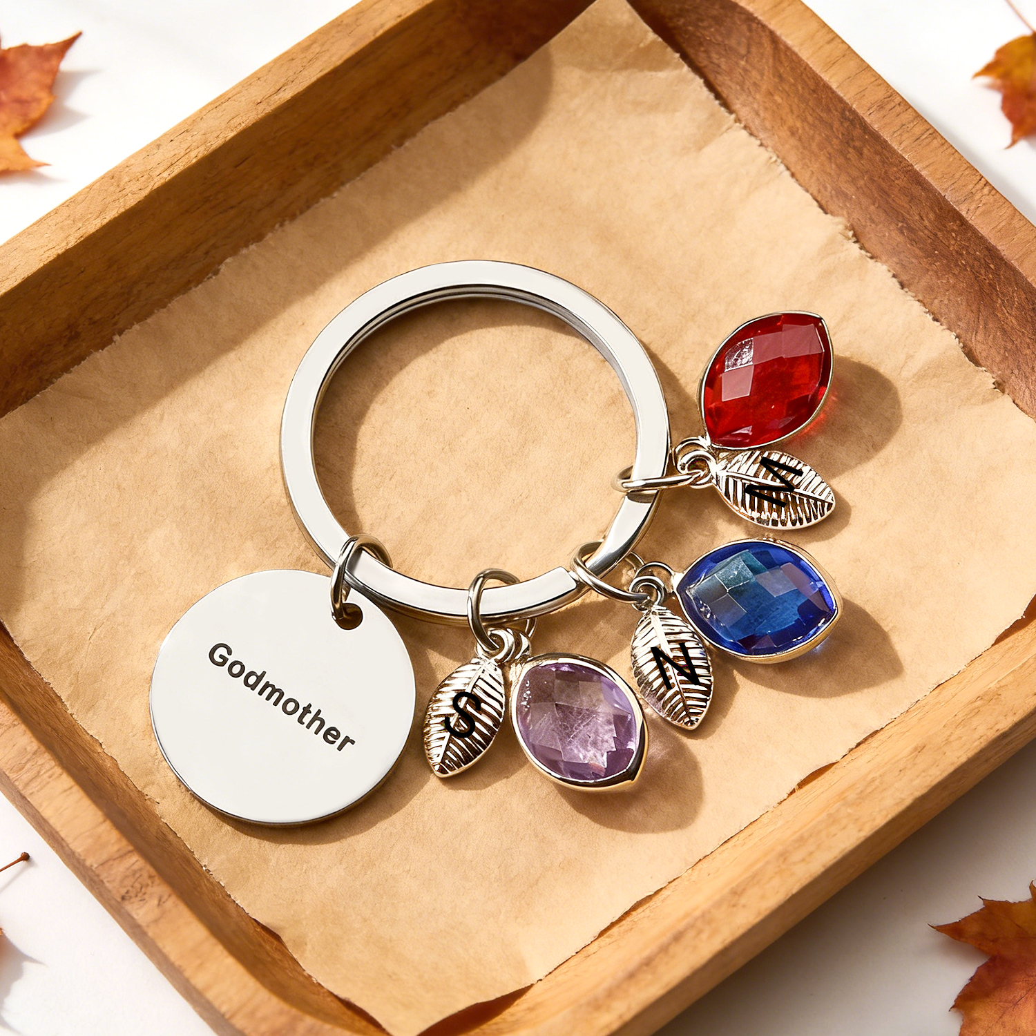 Custom Name Keychain Birthstone Keychain with Leaf Gift for Godmother Birthday Gift - soufeelau