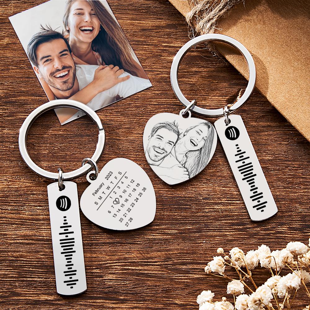 Personalized Calendar Keychain Special Day Significant Photo Heart Square Circle Shape Music Code Metal Keychain Anniversary Gift - soufeelau