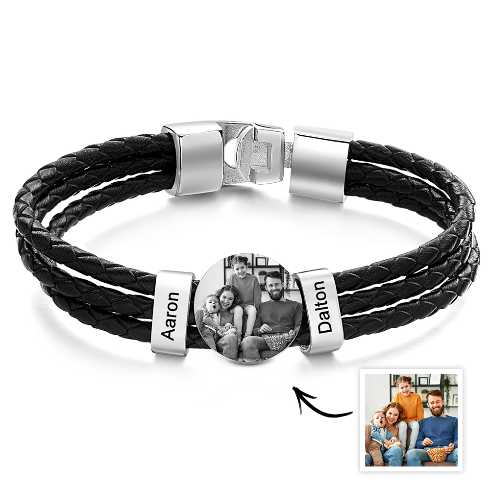 Mens Leather Photo Bracelet with 2 Names Custom Family Name Photo Gifts for Dad Fathers Day Gifts - soufeelau