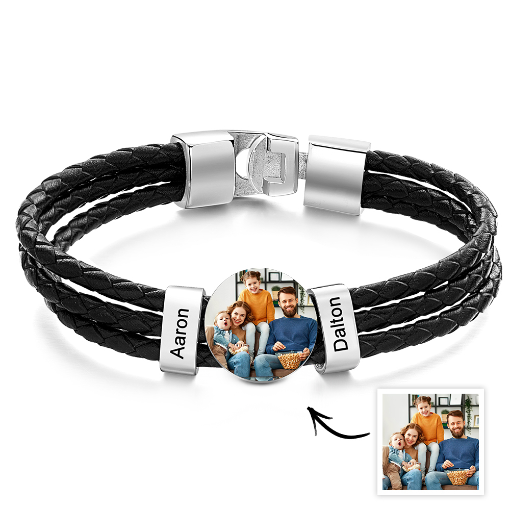 Mens Leather Photo Bracelet with 2 Names Custom Family Name Photo Gifts for Dad Fathers Day Gifts - soufeelau