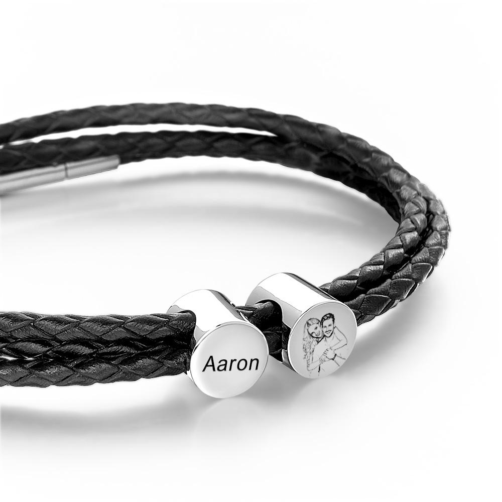 Personalized Photo Leather Bracelet with Kids Names Custom 2-6 Beads Bracelet Mens Leather Bracelet Gift for Dad - soufeelau