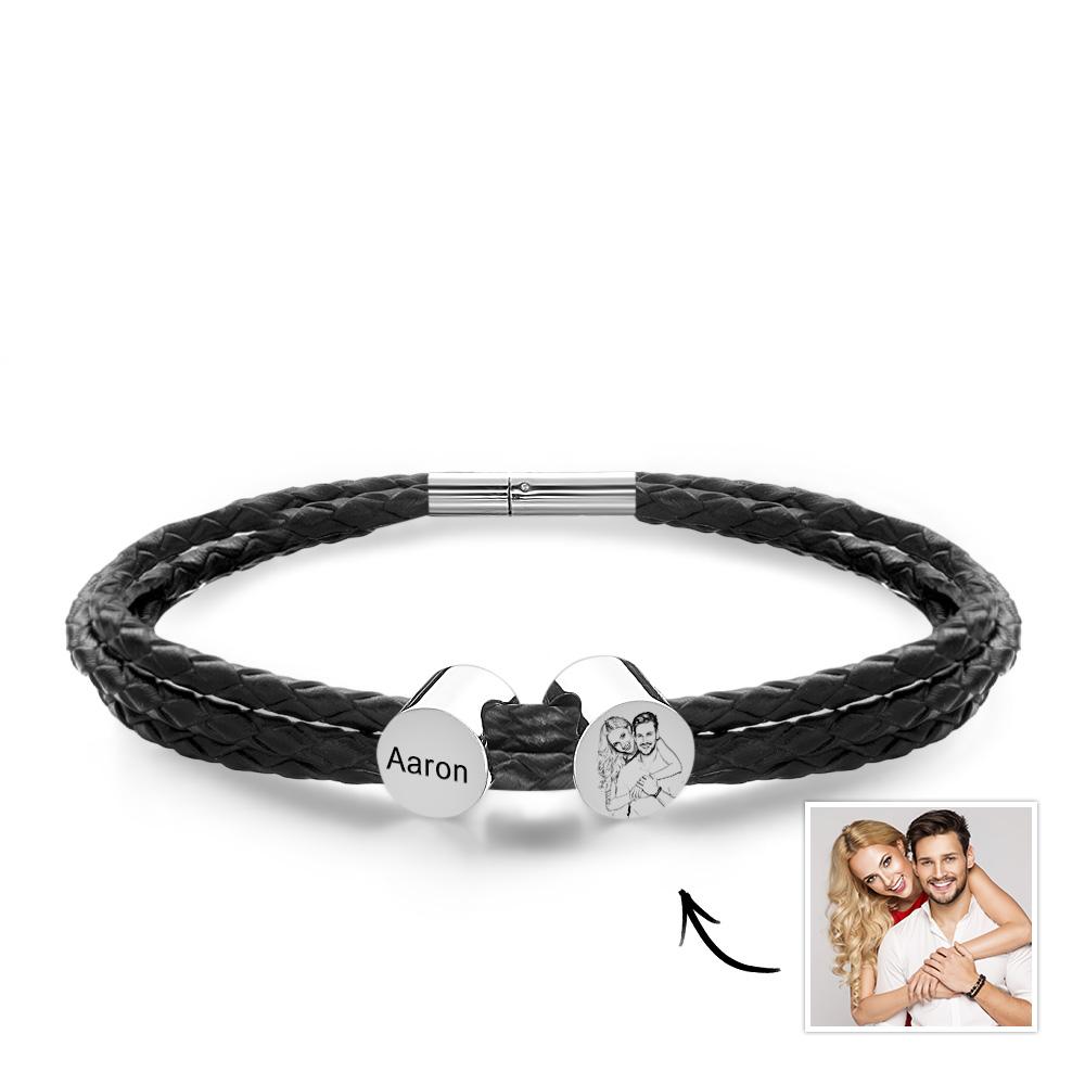 Personalized Photo Leather Bracelet with Kids Names Custom 2-6 Beads Bracelet Mens Leather Bracelet Gift for Dad - soufeelau