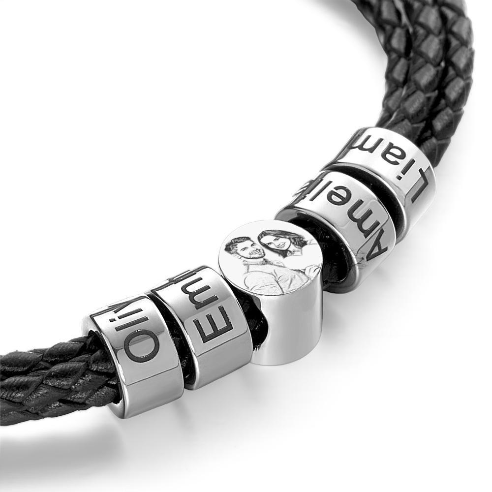 Personalised Leather Bracelet for Men Custom Engraved 2-6 Names Beaded Mens Bracelets for Father - soufeelau