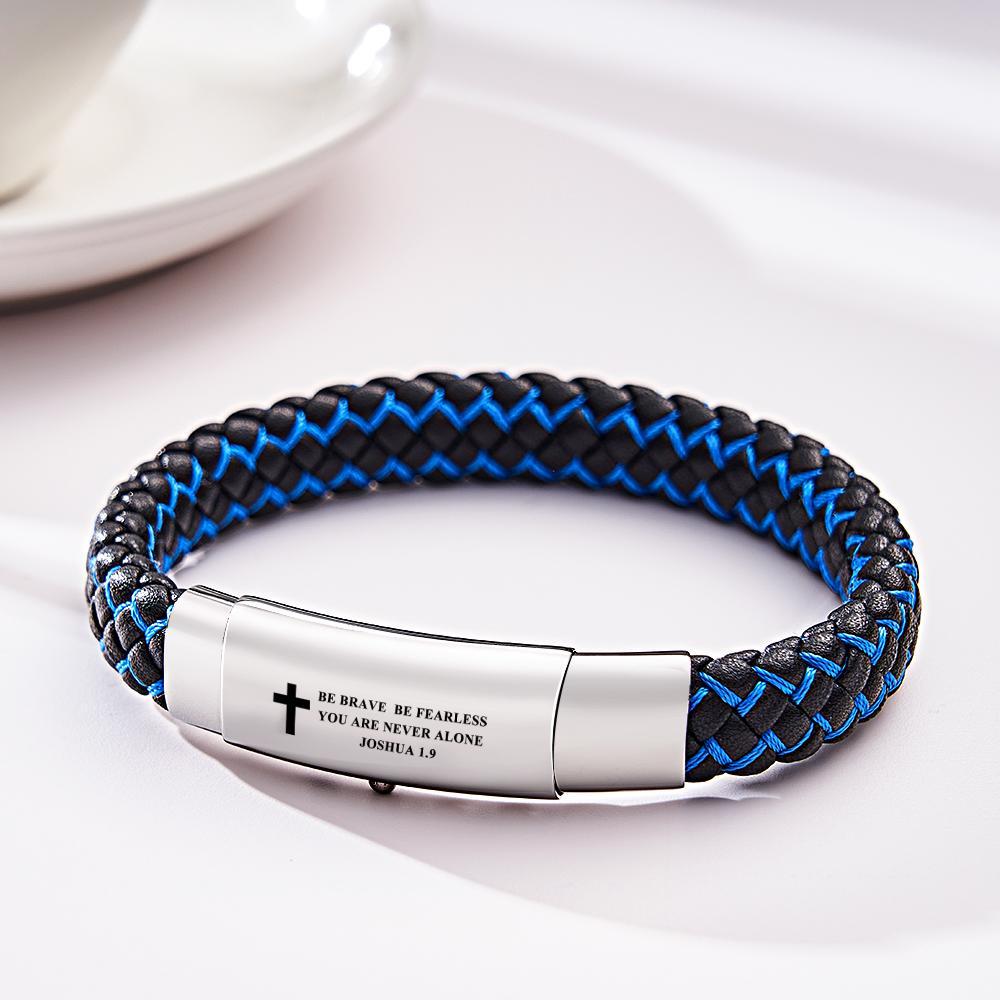 Men's Inspirational Mantra Engraved Handmade Blue Braided Leather Adjustable Cuff Bangle Bracelet - soufeelau