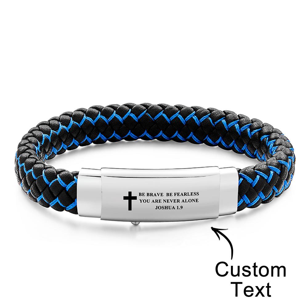 Men's Inspirational Mantra Engraved Handmade Blue Braided Leather Adjustable Cuff Bangle Bracelet - soufeelau