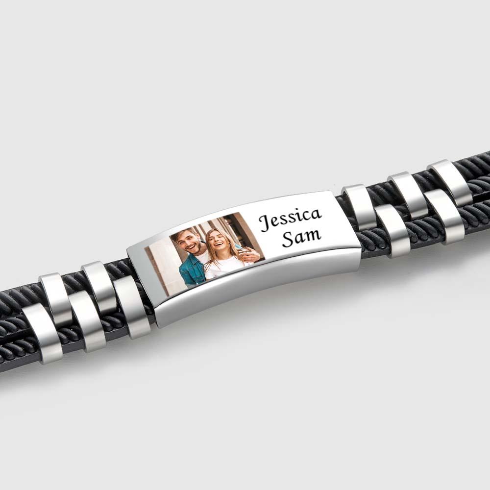 Custom Engraved Leather and Steel Men's Bracelet with Personalized Photo and Names Unique Gift for Him! - soufeelau