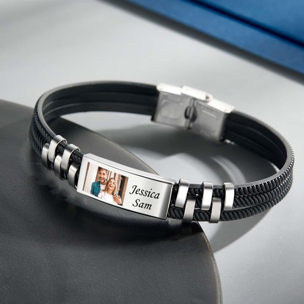 Custom Engraved Leather and Steel Men's Bracelet with Personalized Photo and Names Unique Gift for Him! - soufeelau