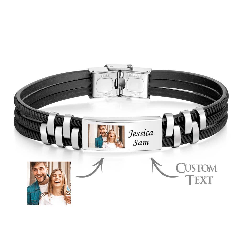 Custom Engraved Leather and Steel Men's Bracelet with Personalized Photo and Names Unique Gift for Him! - soufeelau