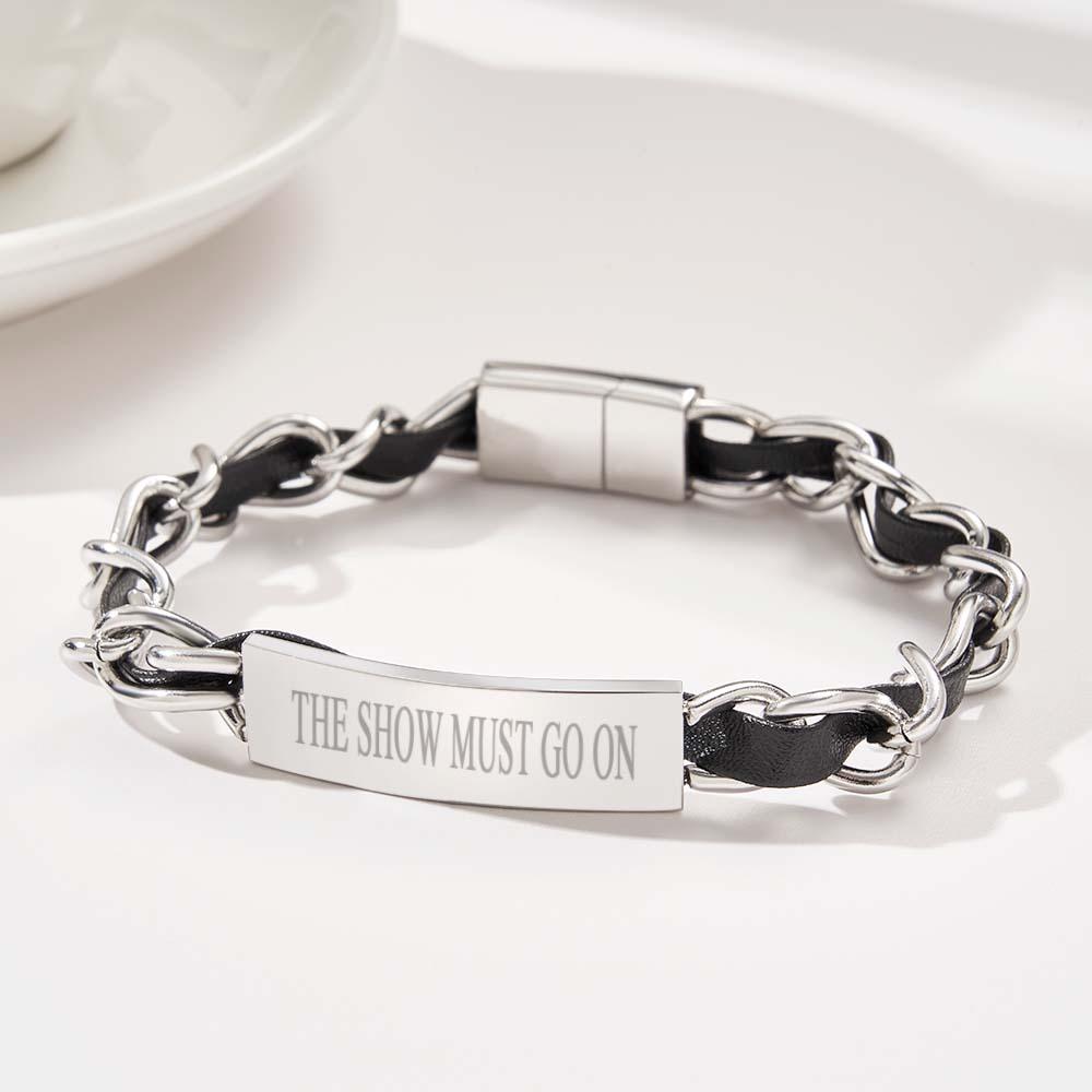 Silver Chain and Leather ID Plate Bracelet Customized Text Stainless Steel Chain Gift for Dad - soufeelau