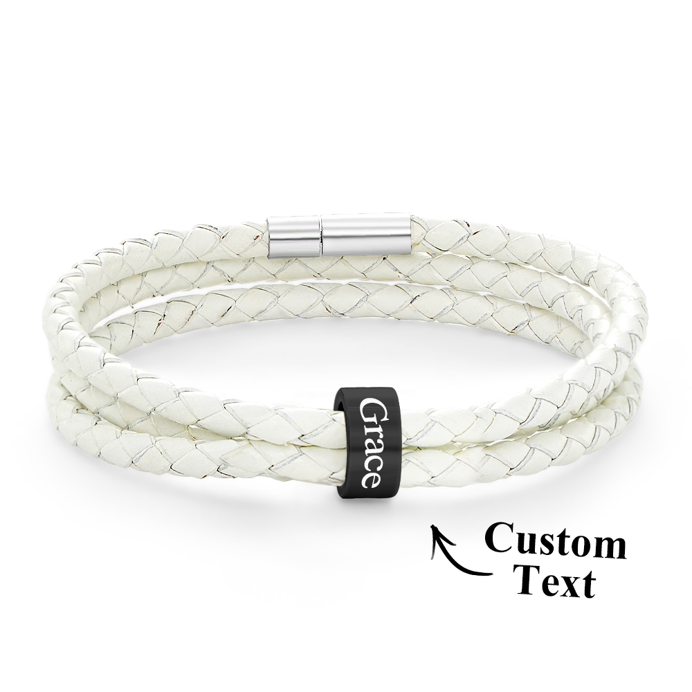 Men Braided Leather Bracelet with Small Custom Beads