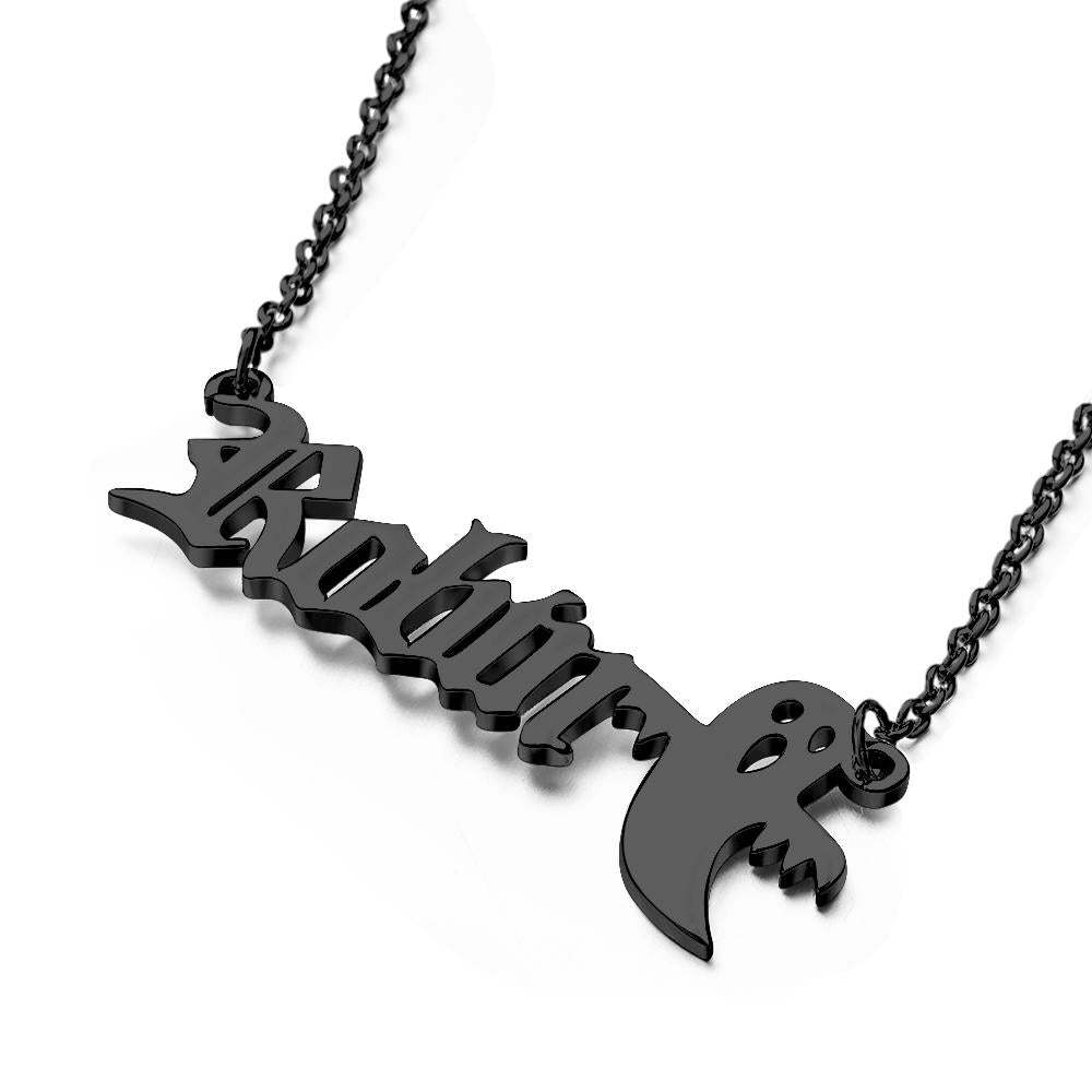 Personalized Ghost Name Necklace Custom Old English Gothic Font Pendant Necklace Minimalist Ghost Jewelry Spooky Halloween Gift for Kids - soufeelau