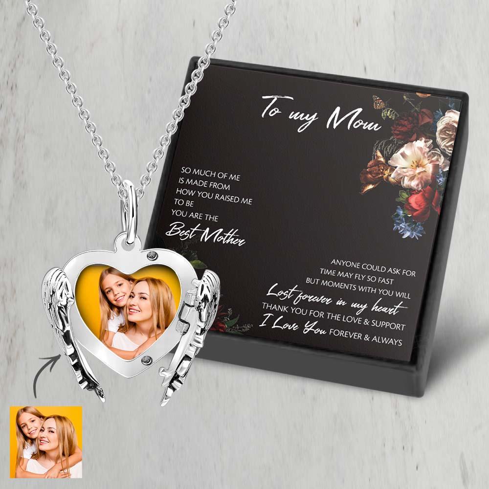Engravable Photo Locket Necklace Personalized Heart Angel Wings Sterling Silver Gift For Mom - soufeelau