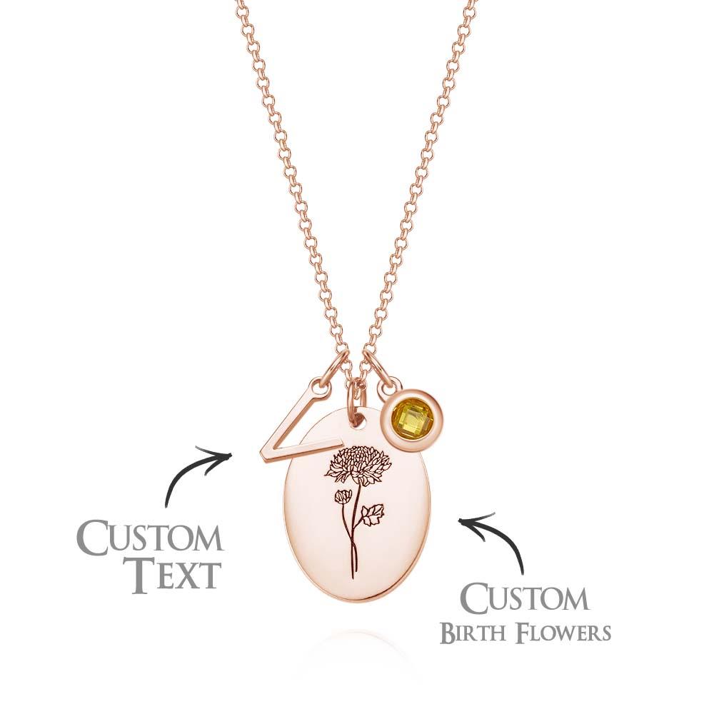 Personalized Text Birthstone Necklace Birth Flower Necklace Gift for Mom - soufeelau