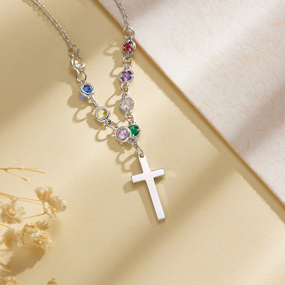 Personalized Cross with Tiny birthstone necklace - Family tree necklace
