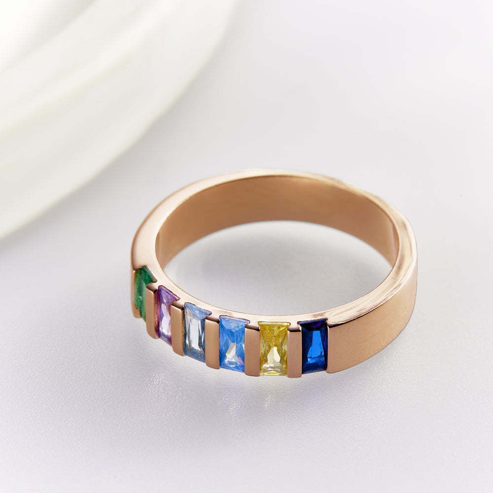 Custom Baguette Birthstone Ring Rose Gold Plated Personalized Family Ring Gift For Her - soufeelau