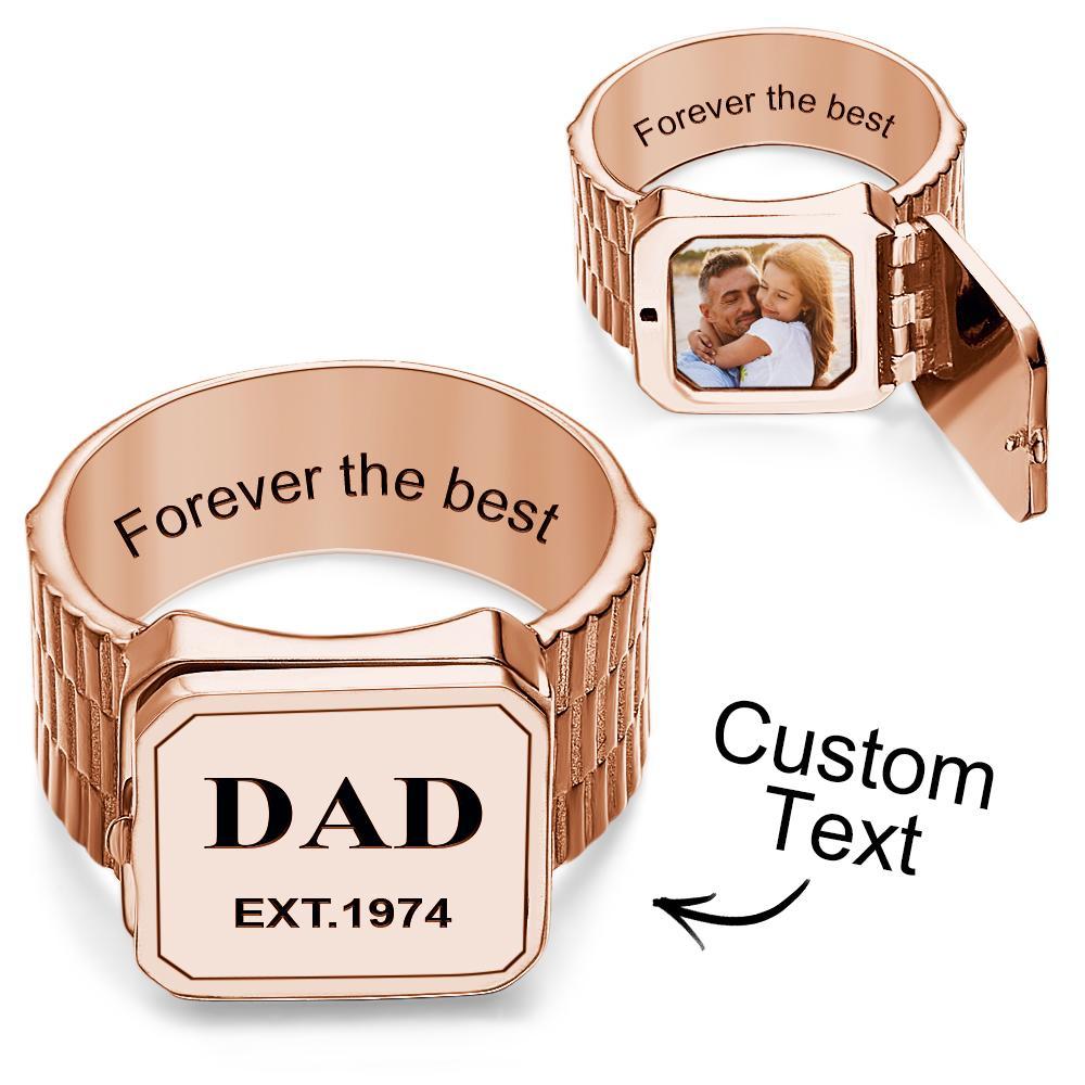 Photo Locket Ring for Dad That Holds Pictures inside Personalized Memorial Photo Locket Band Rings Gift for Dad Father Men Grandfather - soufeelau