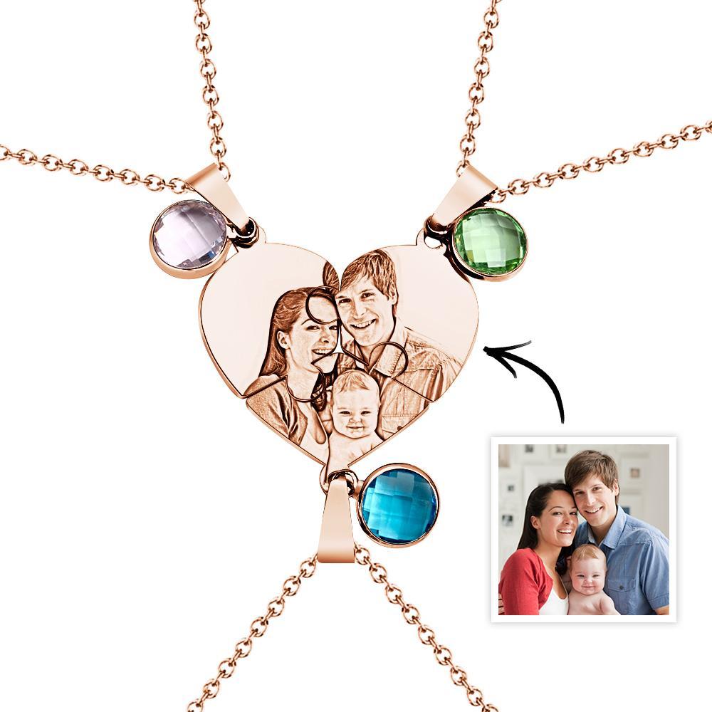 Personalized Photo Three Heart Puzzle Necklace With Birthstone Pendant Jewelry Gifts For Family - soufeelau