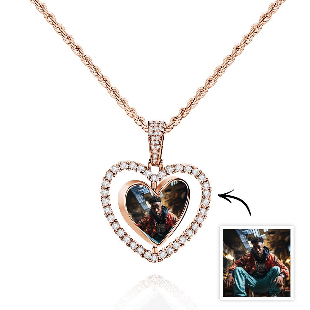 Hip Hop Photo Necklace Rotatable Heart Hollow-out Zircon Pendant Jewelry Gifts For Men - soufeelau
