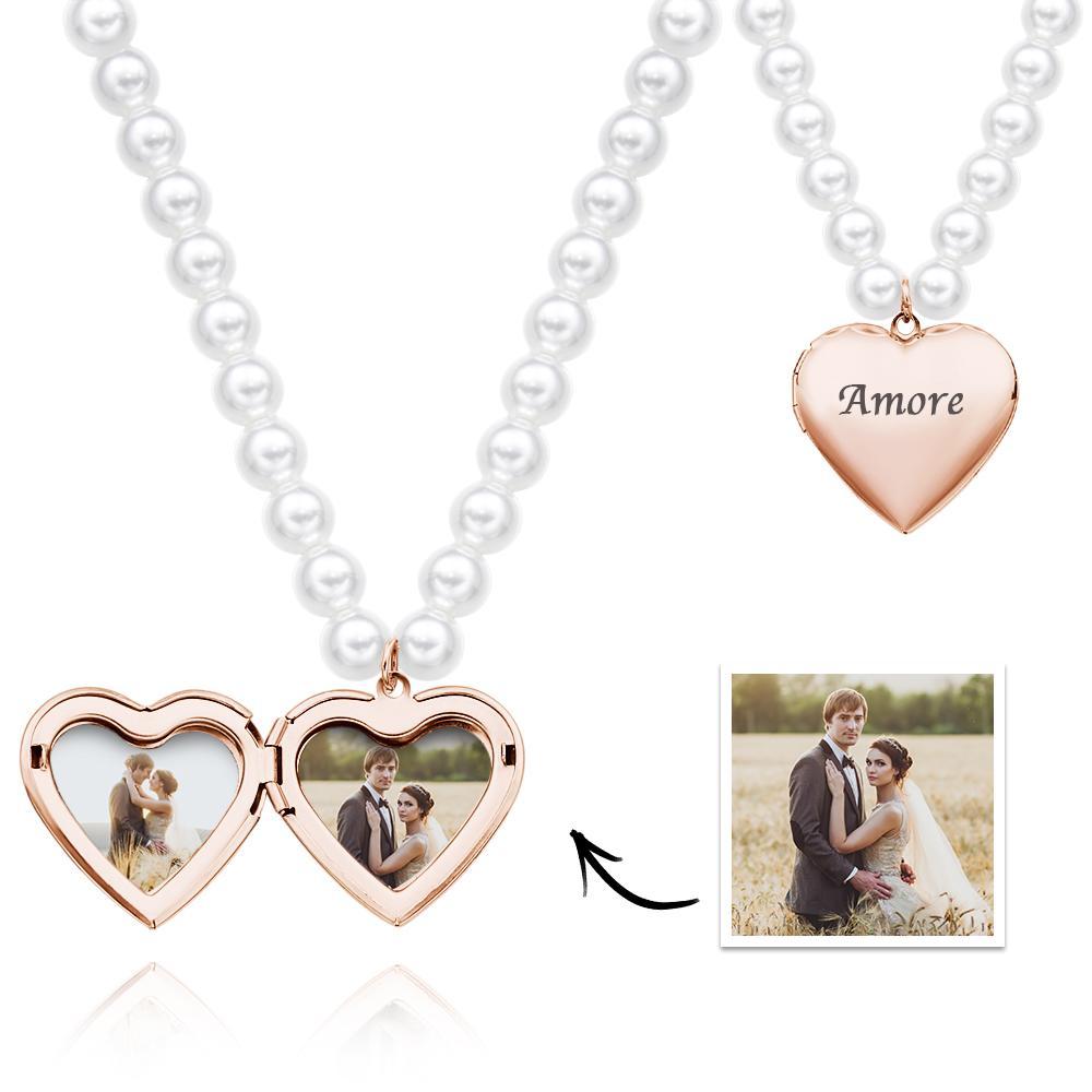 Custom Photo Engraved Necklace Pearl Heart Couple Gift - soufeelau