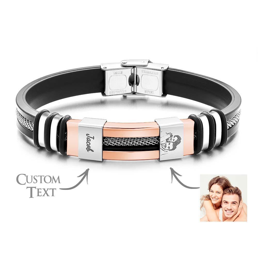 Mens Silicone Photo Bracelet with text Custom Family Photo Gifts for Dad Personalised Gift for Him - soufeelau