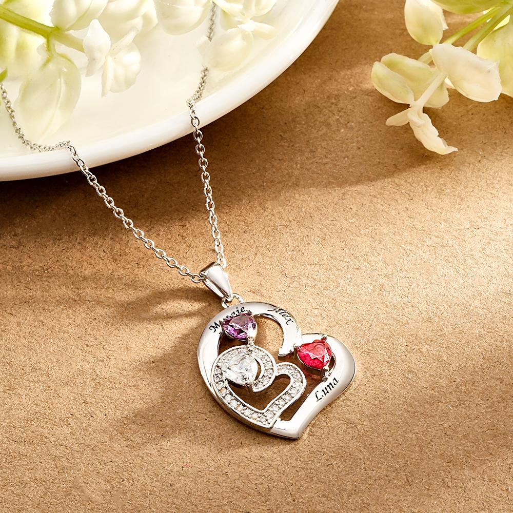 Personalized Heart Birthstone Necklace Charming Engraved Pendant Jewelry Gift For Her - soufeelau