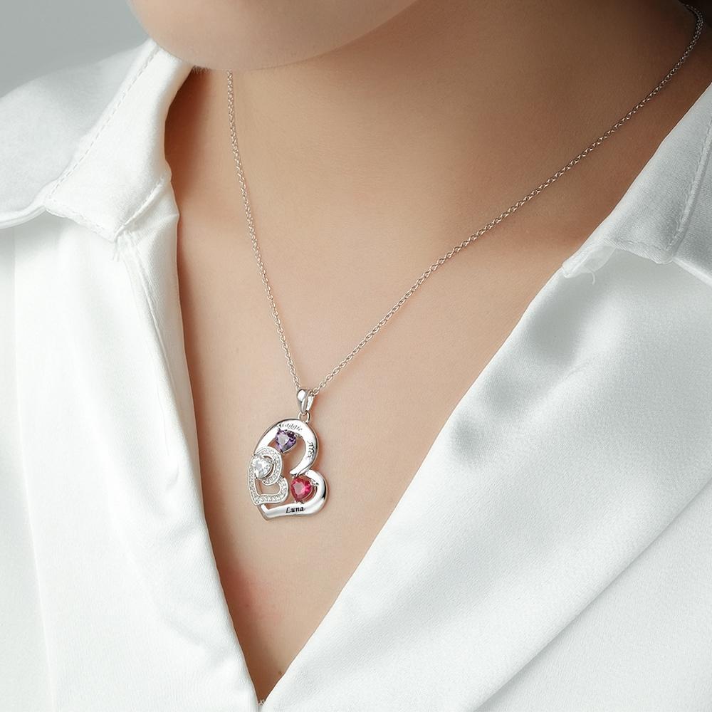 Personalized Heart Birthstone Necklace Charming Engraved Pendant Jewelry Gift For Her - soufeelau