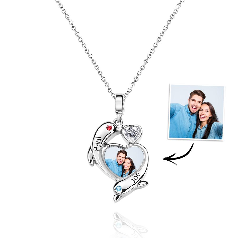 Personalized Photo Dolphin Birthstone Necklace Valentine's Day Gifts For Couples - soufeelau